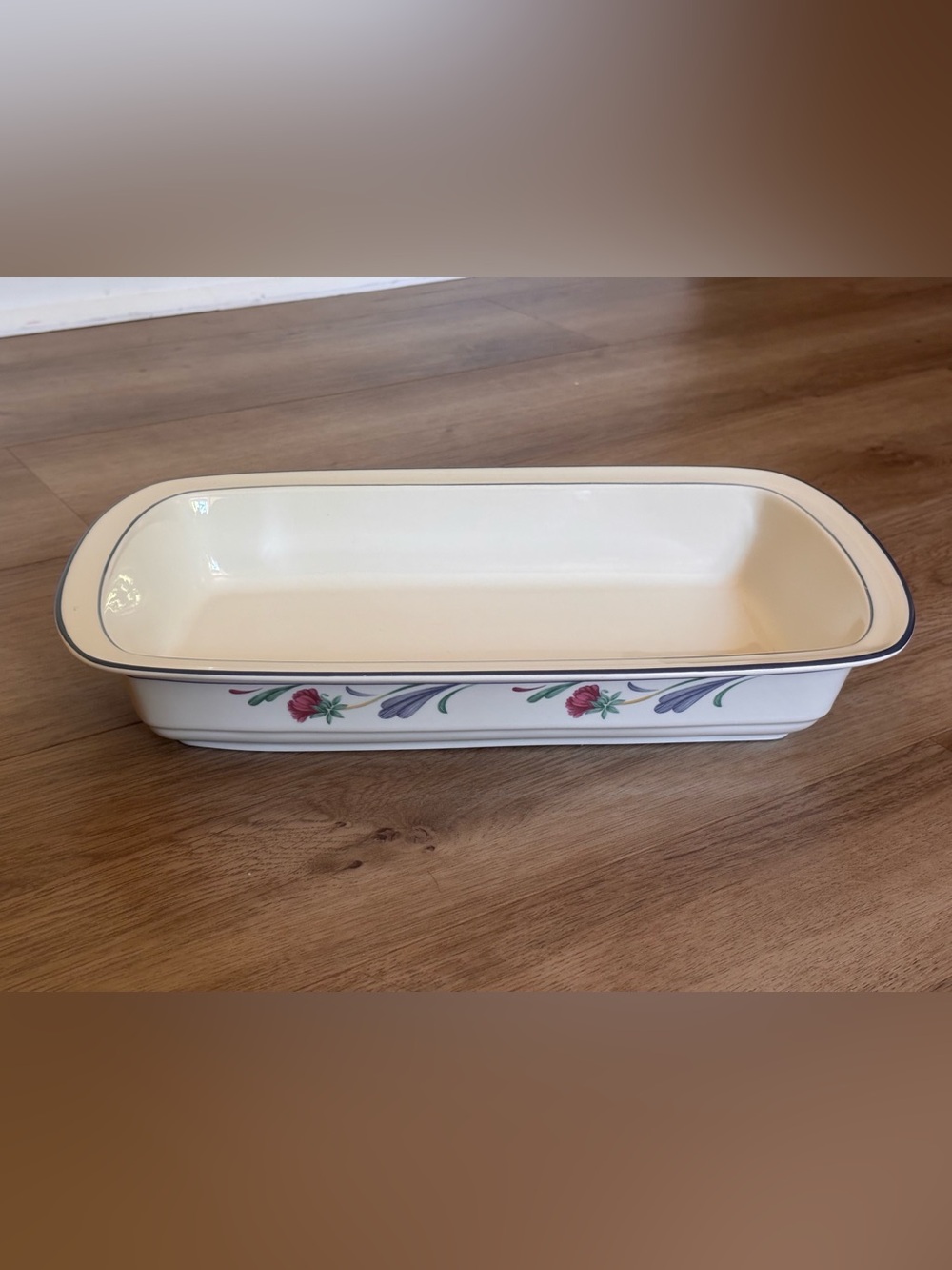 Lenox Cream Ceramic Serving Baker with Blue Rim and Floral Accent